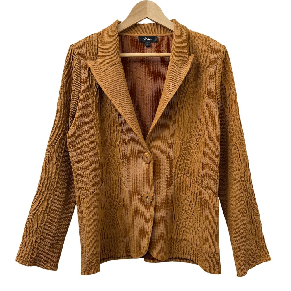 Flair M Textured Blazer‎ Jacket Brown Knit Career Office Shoulder Pads Retro 70s